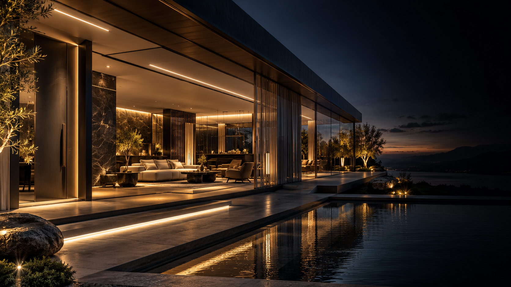 Architectural concept of a glass villa at dusk with a warmly lit living area.
